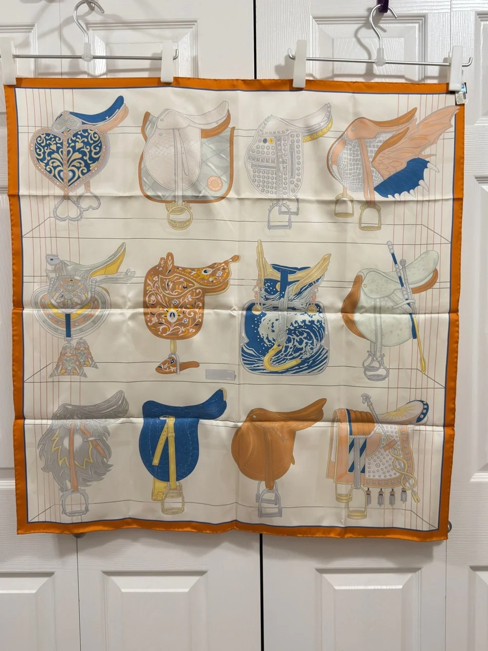 Hermes 90cm Tous En Selle - Cream & Orange Scarf